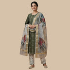 Olive Green Suit Set with Floral Organza Dupatta