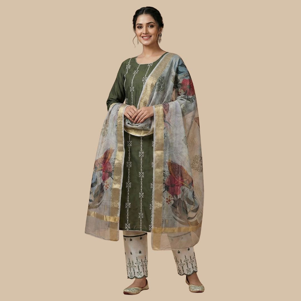 Olive Green Suit Set with Floral Organza Dupatta