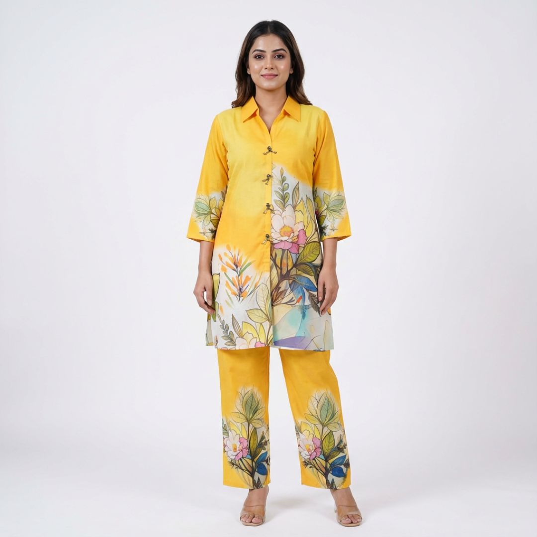 Blueverra Women’s Yellow Floral Printed Co-ord Set