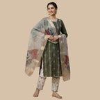 Olive Green Suit Set with Floral Organza Dupatta