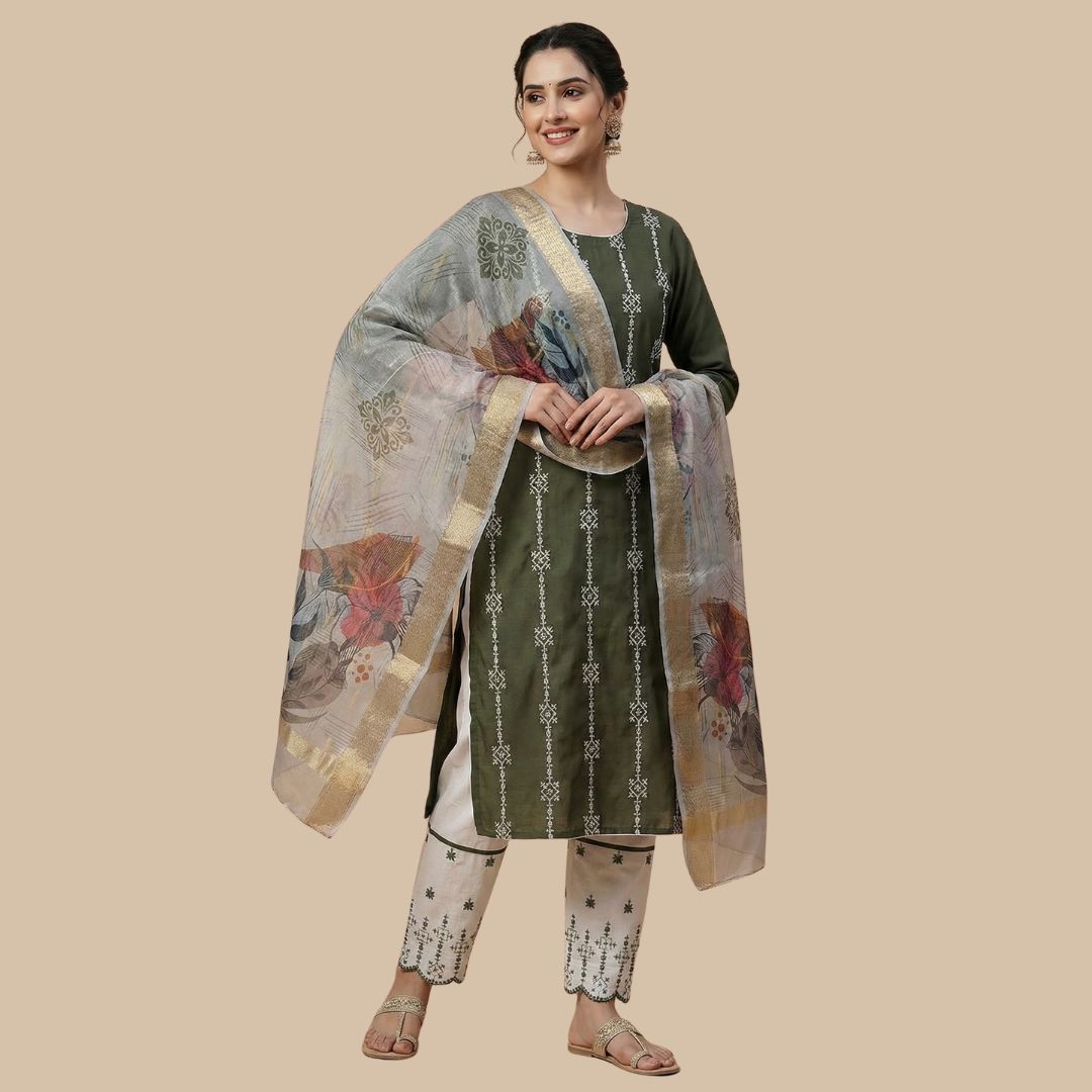 Olive Green Suit Set with Floral Organza Dupatta