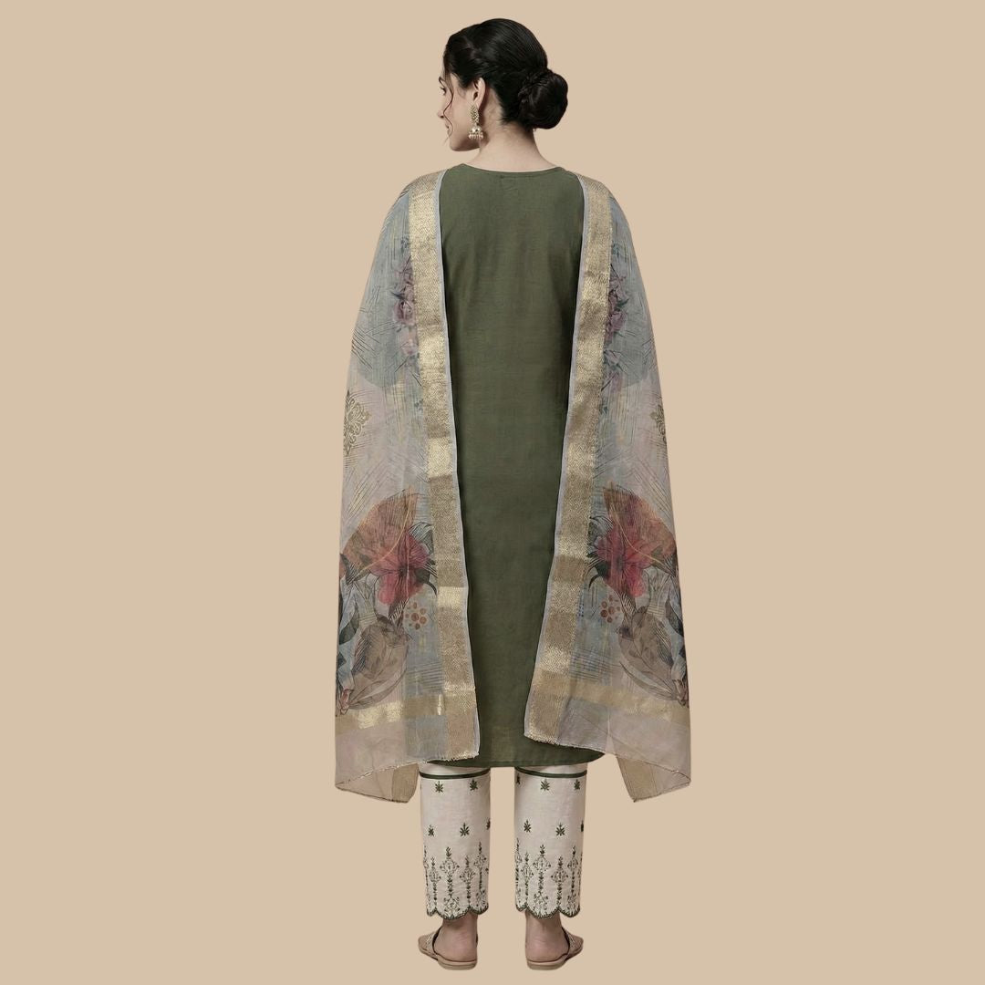 Olive Green Suit Set with Floral Organza Dupatta