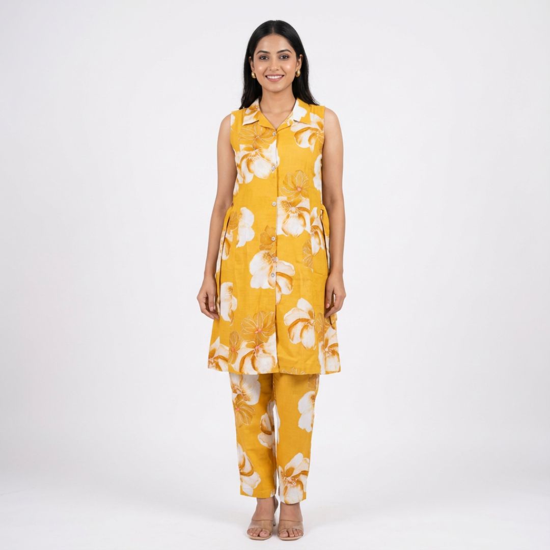 Blueverra Women’s Floral Printed Yellow Co-ord Set