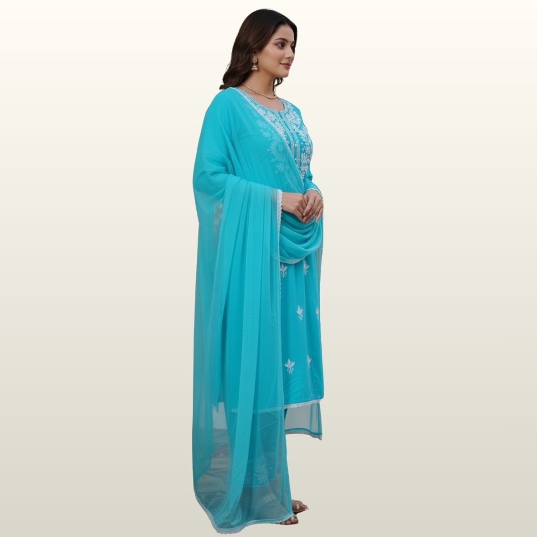 Lucknowi (Chikankari) Vibrant Turquoise Blue