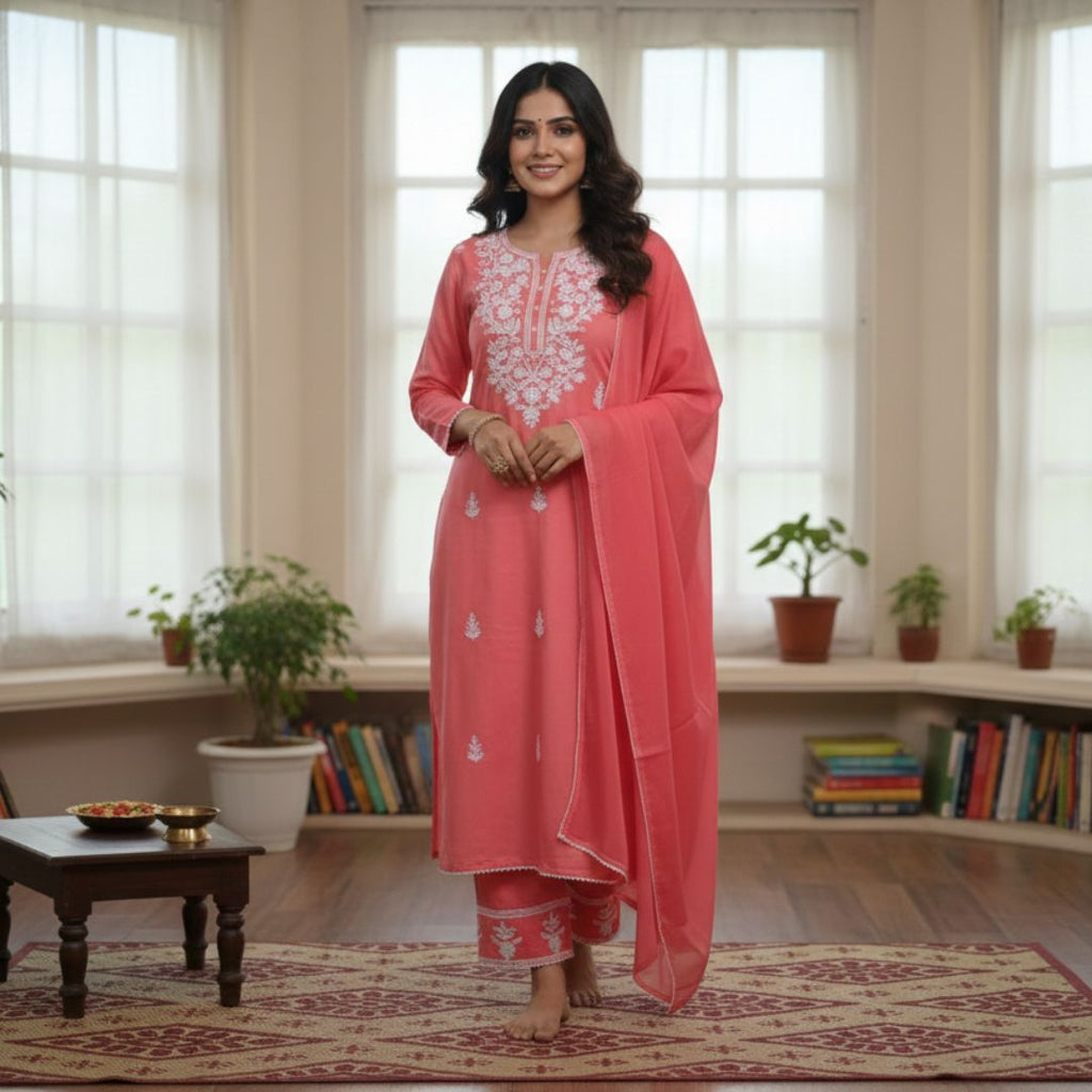 Peach Chickankari Embroidered Cotton-Silk Salwar Set