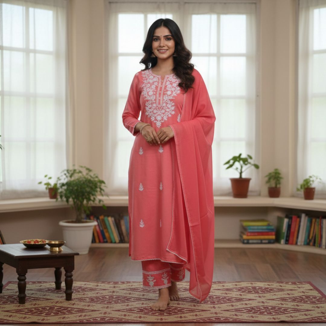 Peach Chickankari Embroidered Cotton-Silk Salwar Set