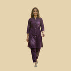 Deep Wine Button-Down Co-ord Set with White Floral Art