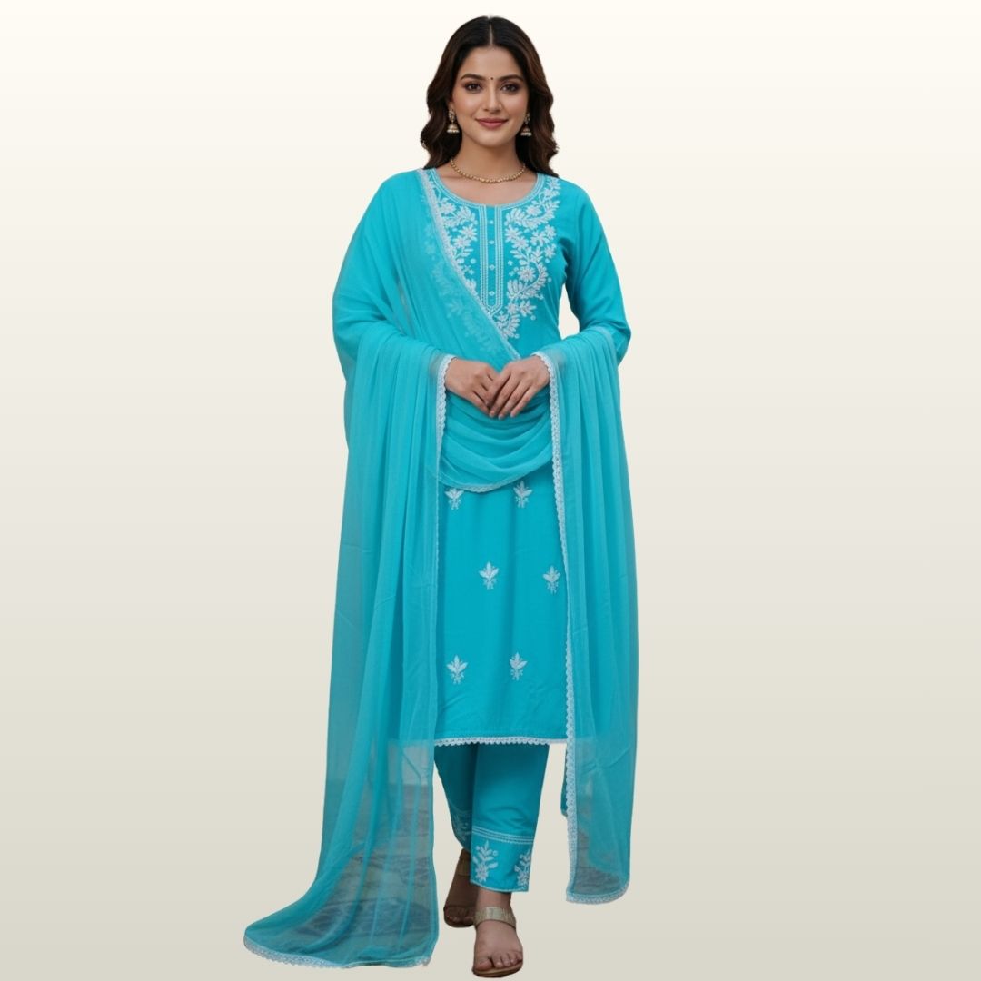 Lucknowi (Chikankari) Vibrant Turquoise Blue
