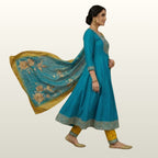 Elegant Teal Blue & Mustard Yellow Embroidered Anarkali Suit Set