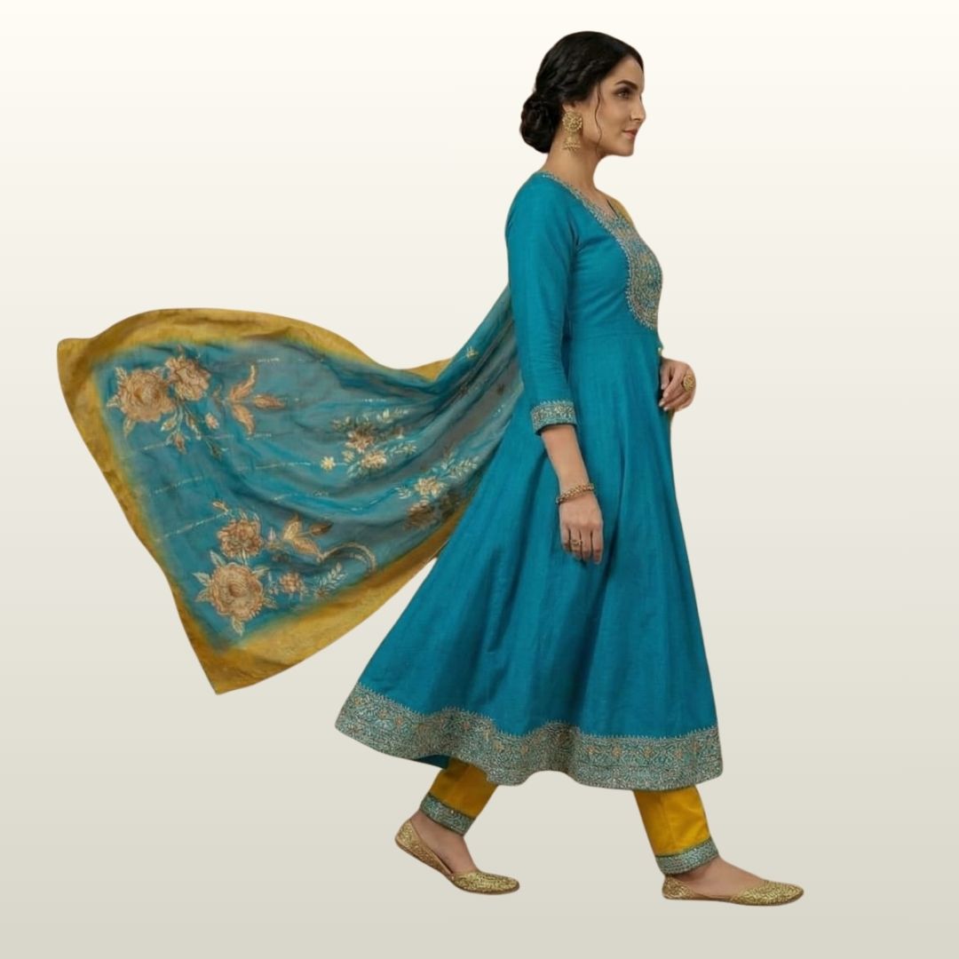 Elegant Teal Blue & Mustard Yellow Embroidered Anarkali Suit Set
