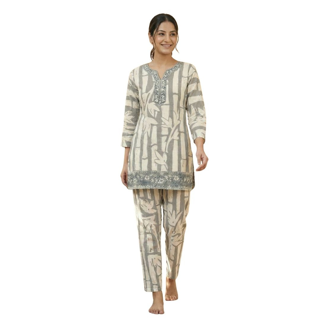 Serene Grey Bamboo Print Cotton Co-ord Set
