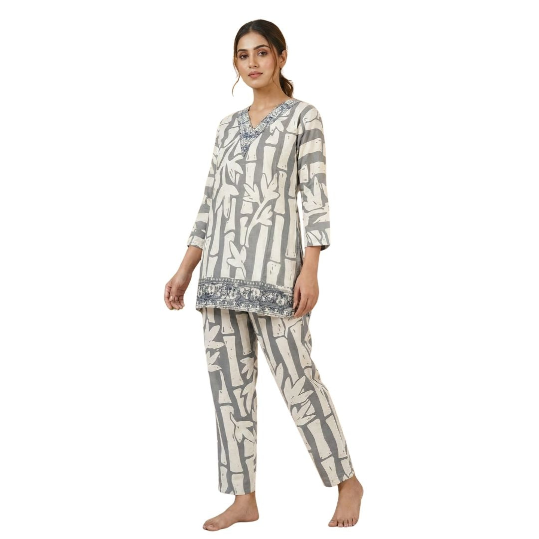 Serene Grey Bamboo Print Cotton Co-ord Set