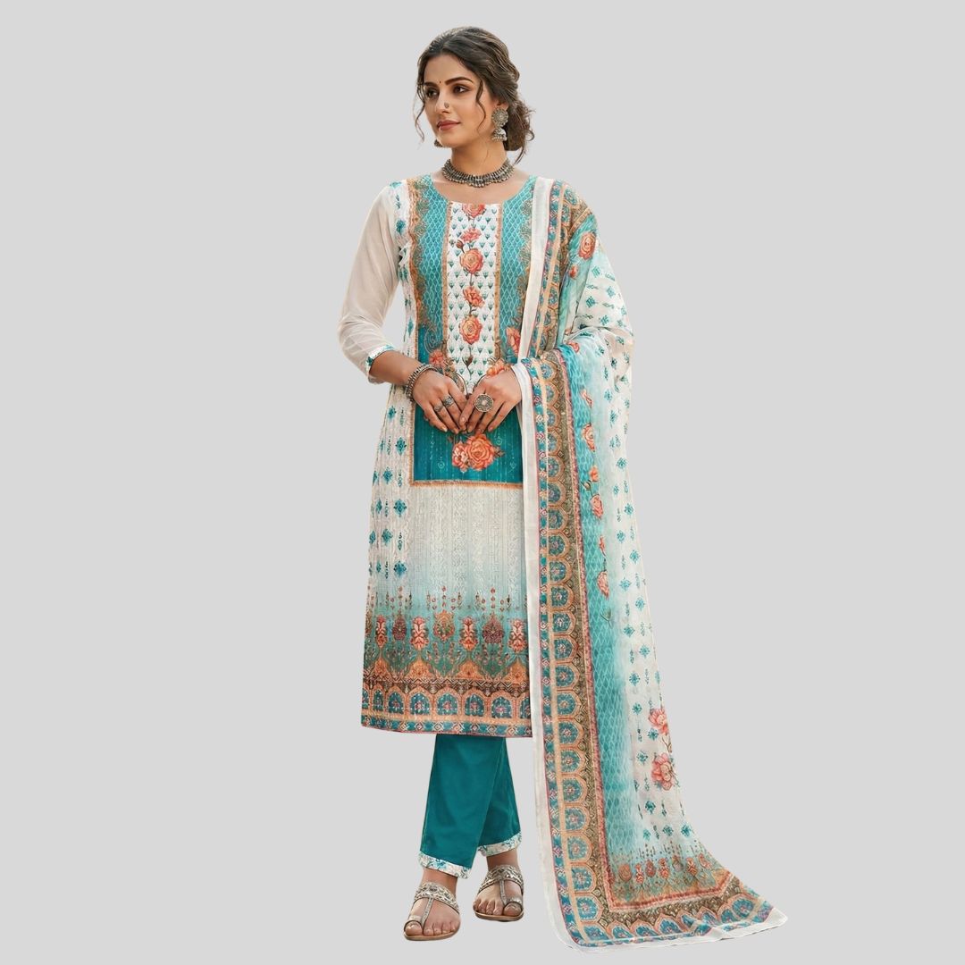 Elegant Teal & White Floral Digital Print Georgette Salwar Suit
