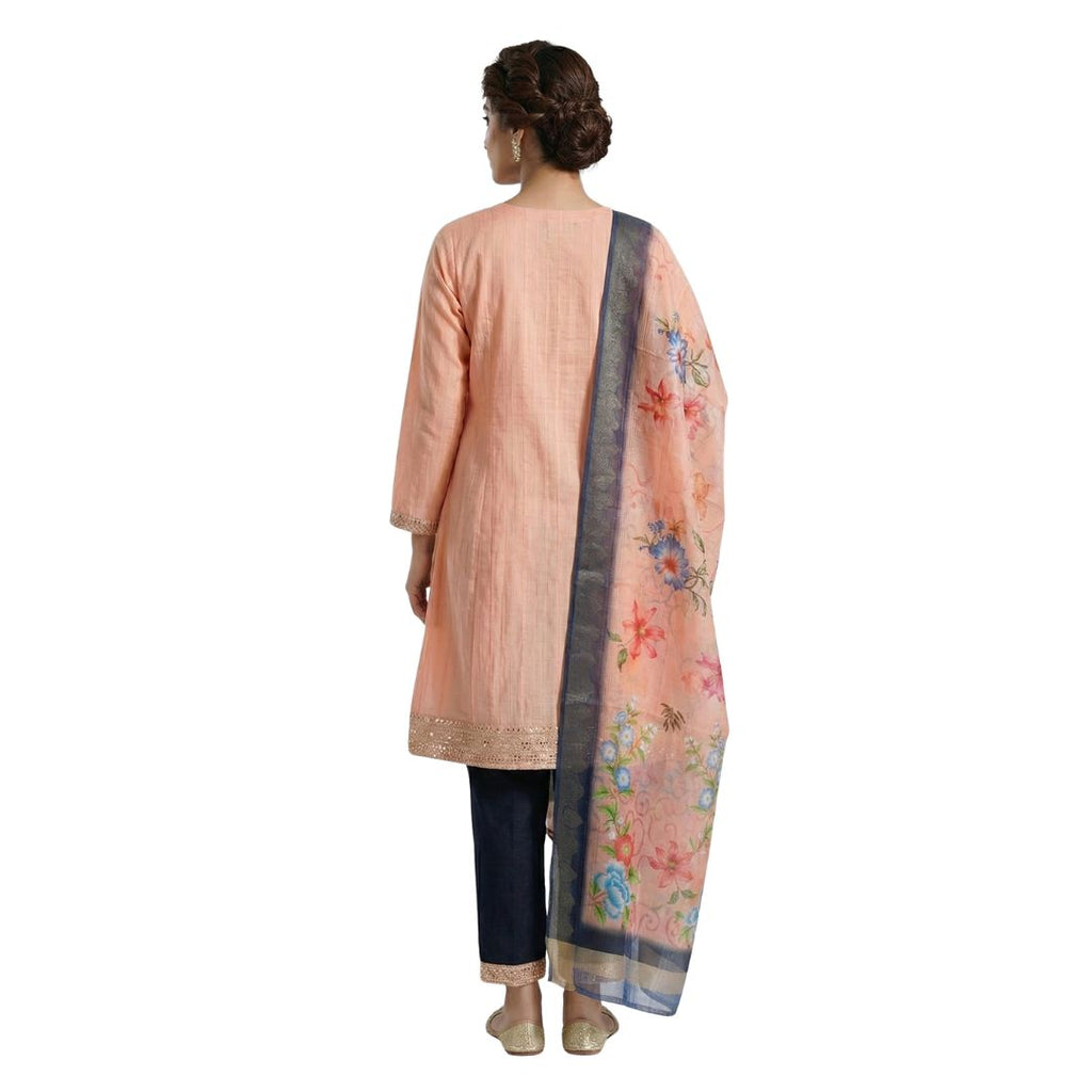 Elegant Peach & Navy Blue Anarkali Kurta Set with Floral Dupatta