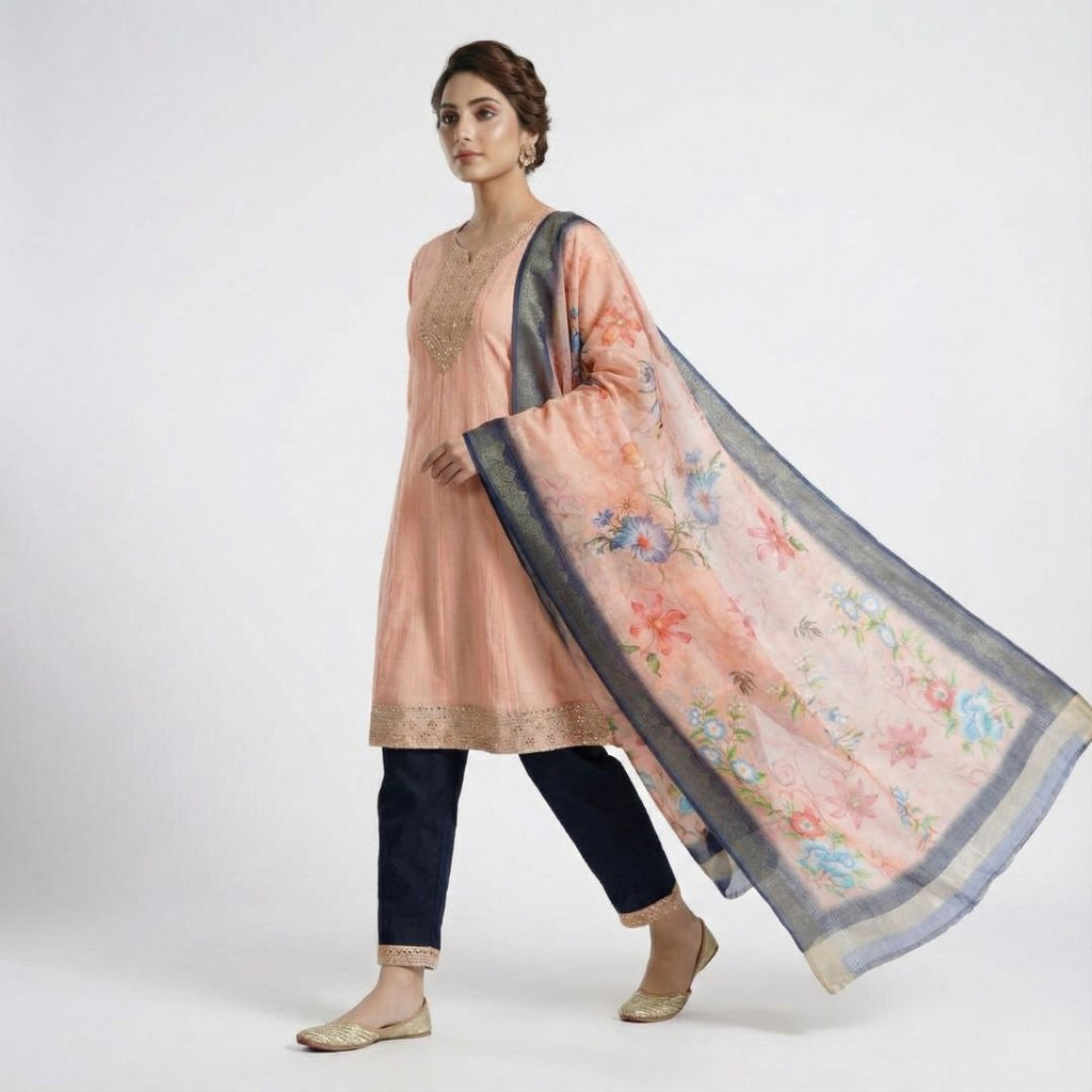 Elegant Peach & Navy Blue Anarkali Kurta Set with Floral Dupatta