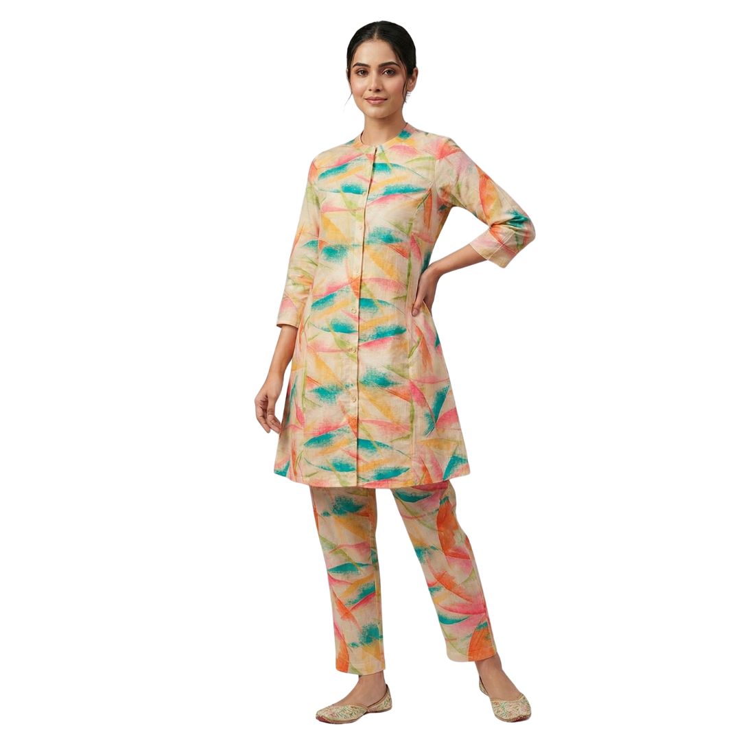 Vibrant Brushstroke Print Cotton Co-ord Set – Beige