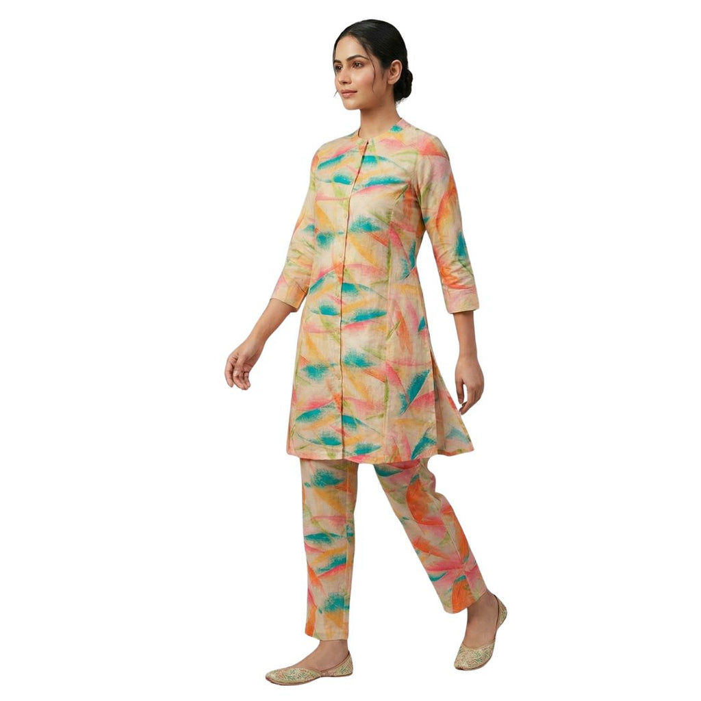 Vibrant Brushstroke Print Cotton Co-ord Set – Beige