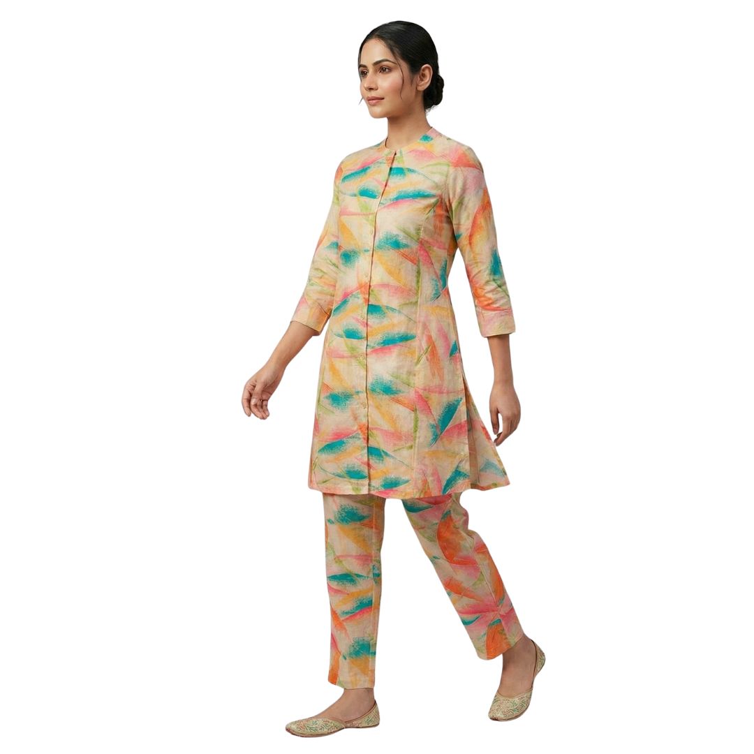 Vibrant Brushstroke Print Cotton Co-ord Set – Beige