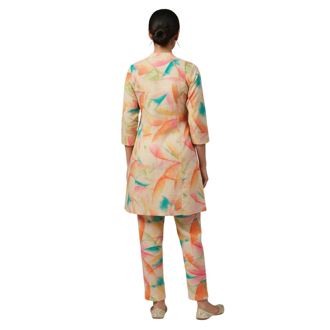Vibrant Brushstroke Print Cotton Co-ord Set – Beige