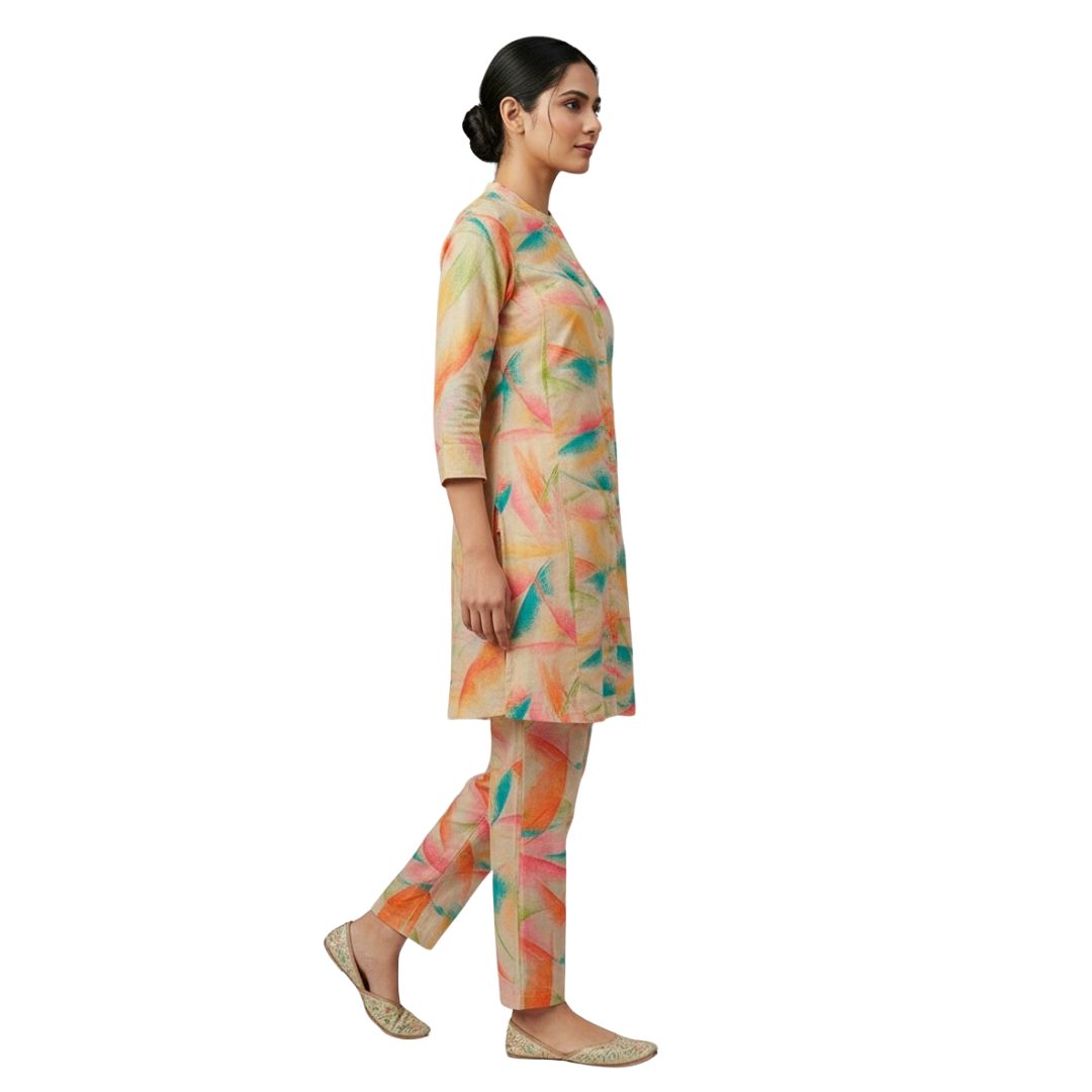 Vibrant Brushstroke Print Cotton Co-ord Set – Beige
