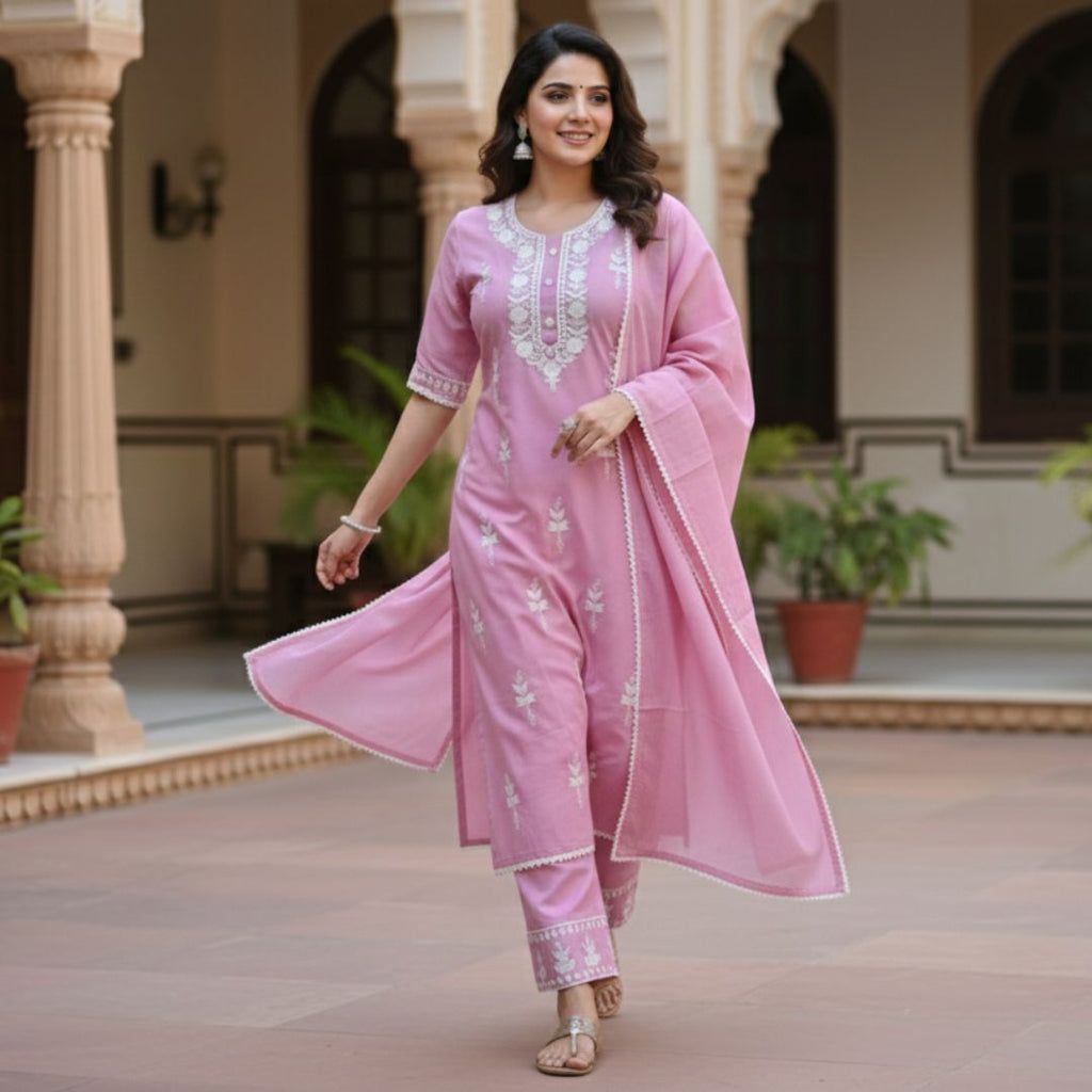 Dusty Rose Chickankari Embroidered Cotton-Silk Salwar Set