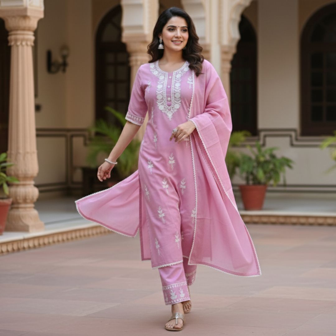 Dusty Rose Chickankari Embroidered Cotton-Silk Salwar Set