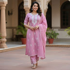 Dusty Rose Chickankari Embroidered Cotton-Silk Salwar Set