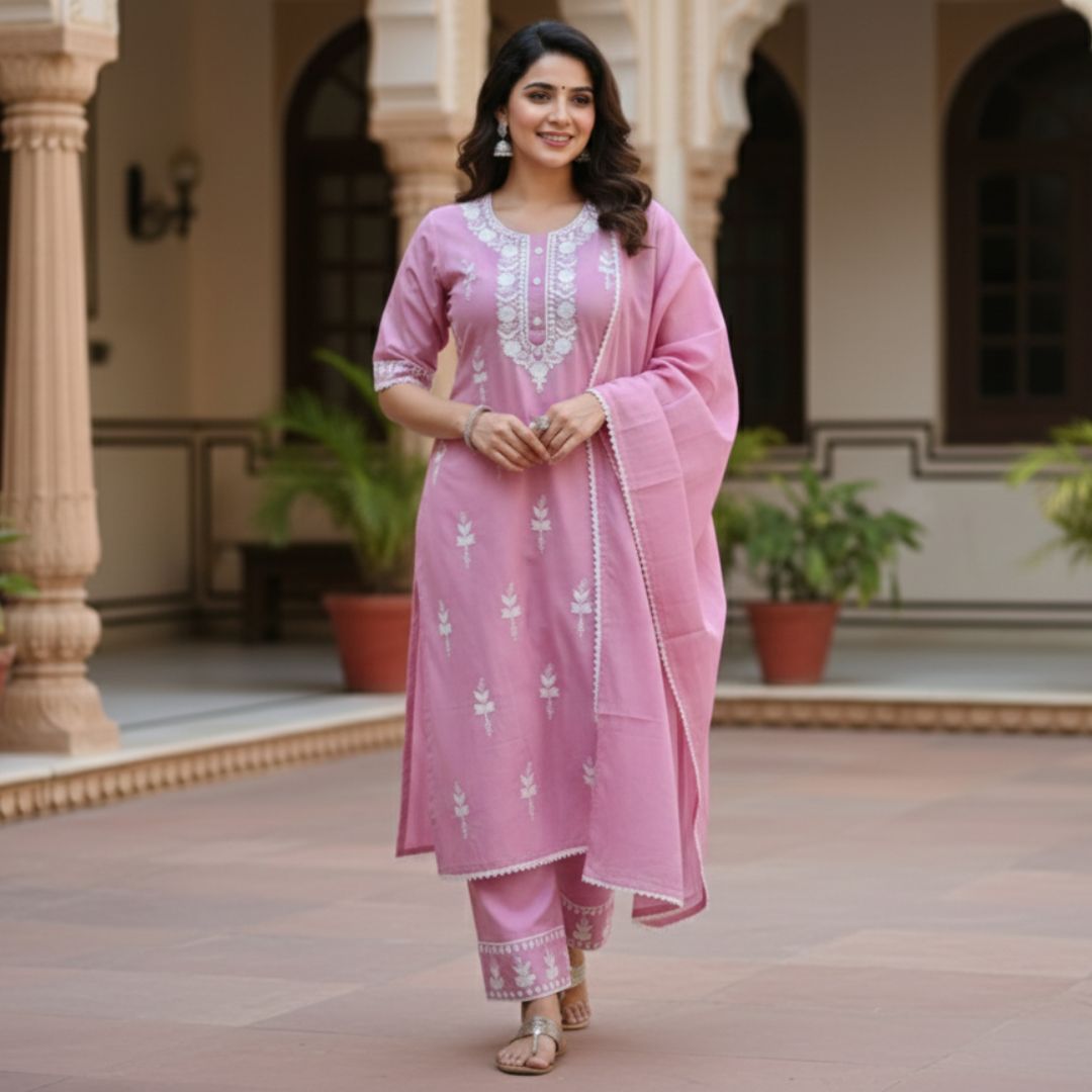 Dusty Rose Chickankari Embroidered Cotton-Silk Salwar Set