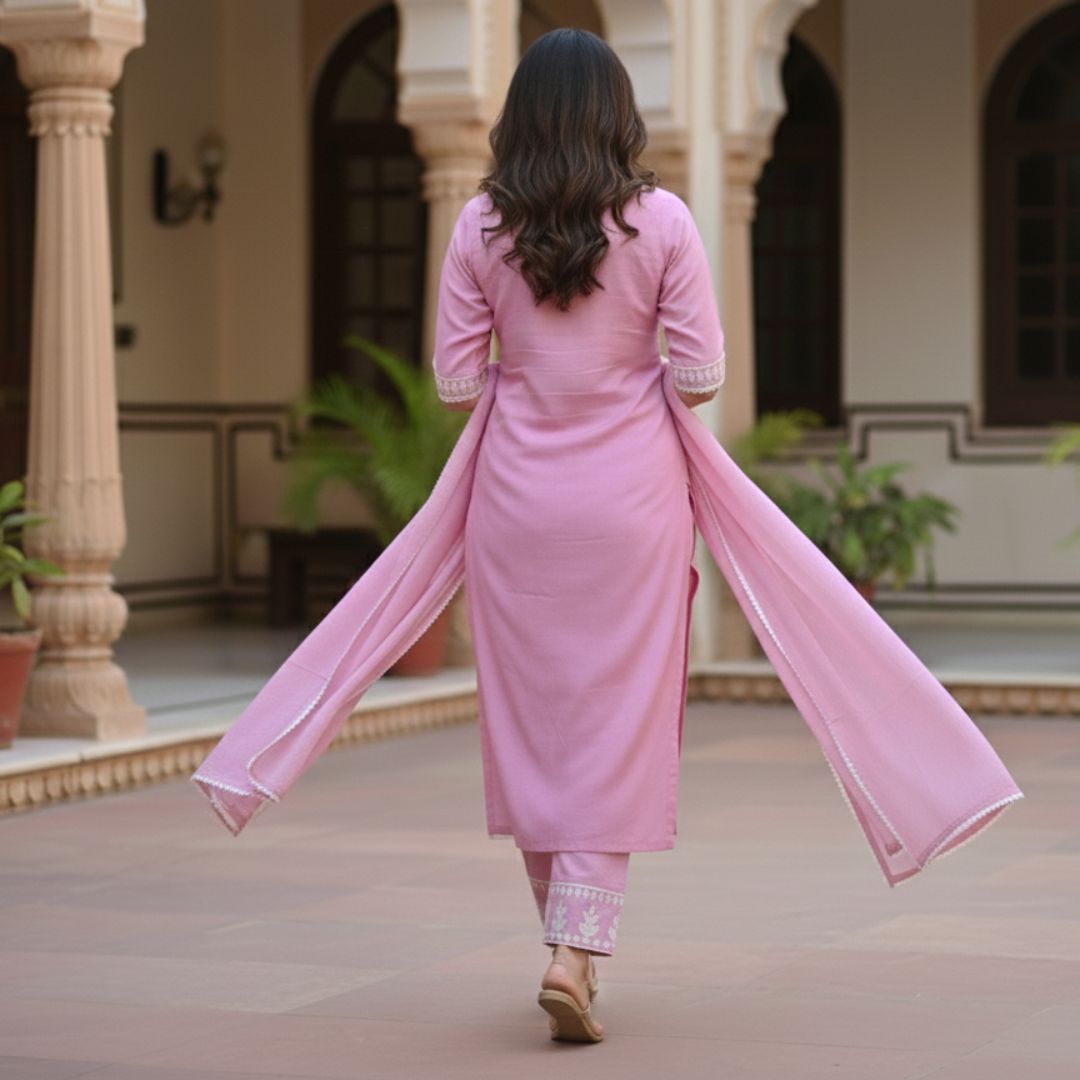 Dusty Rose Chickankari Embroidered Cotton-Silk Salwar Set