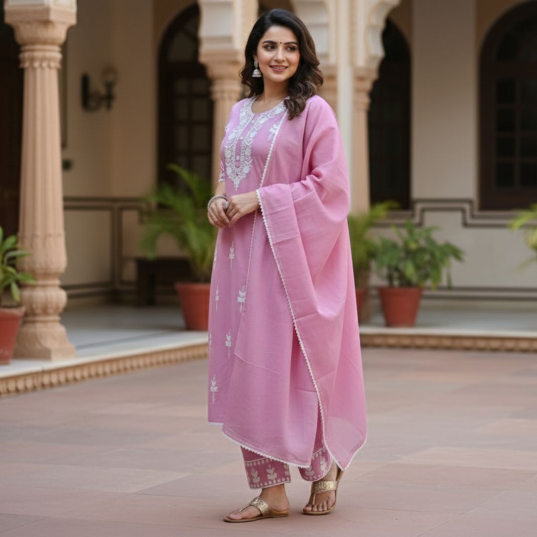 Dusty Rose Chickankari Embroidered Cotton-Silk Salwar Set