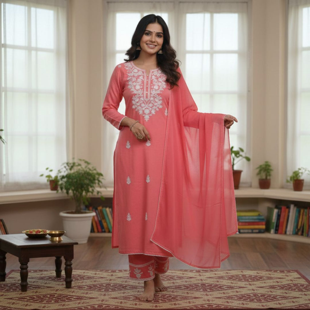 Peach Chickankari Embroidered Cotton-Silk Salwar Set
