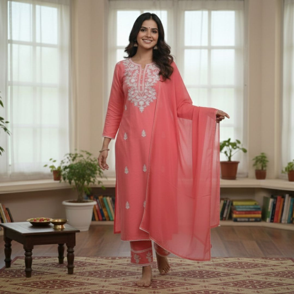 Peach Chickankari Embroidered Cotton-Silk Salwar Set