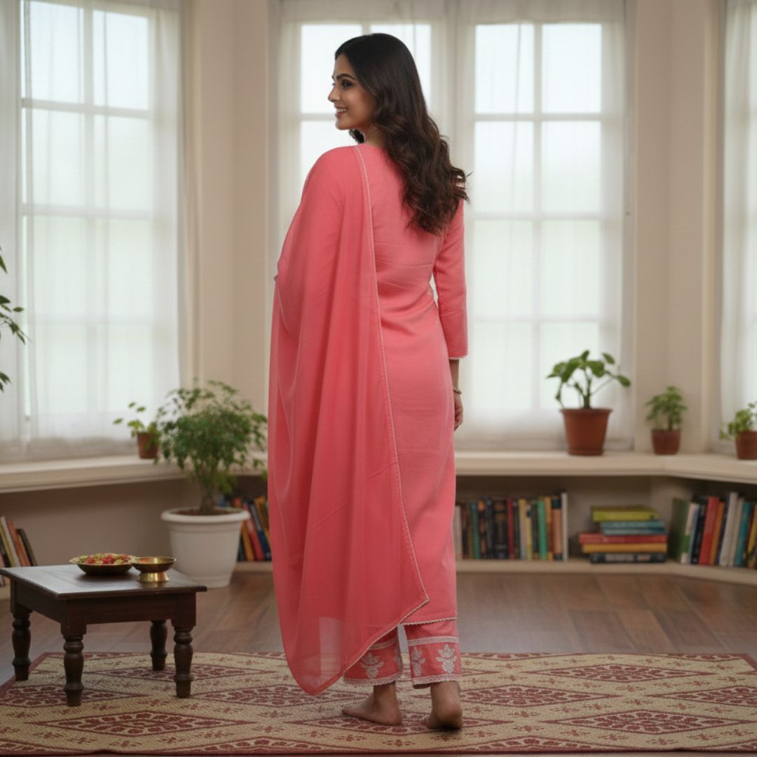 Peach Chickankari Embroidered Cotton-Silk Salwar Set