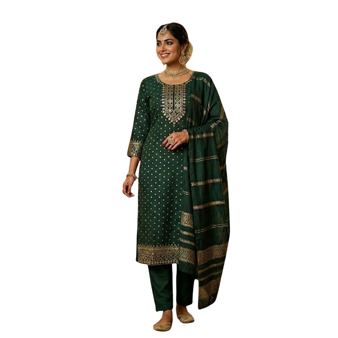 Regal Emerald Green Embroidered Kurta Set with Zari Dupatta
