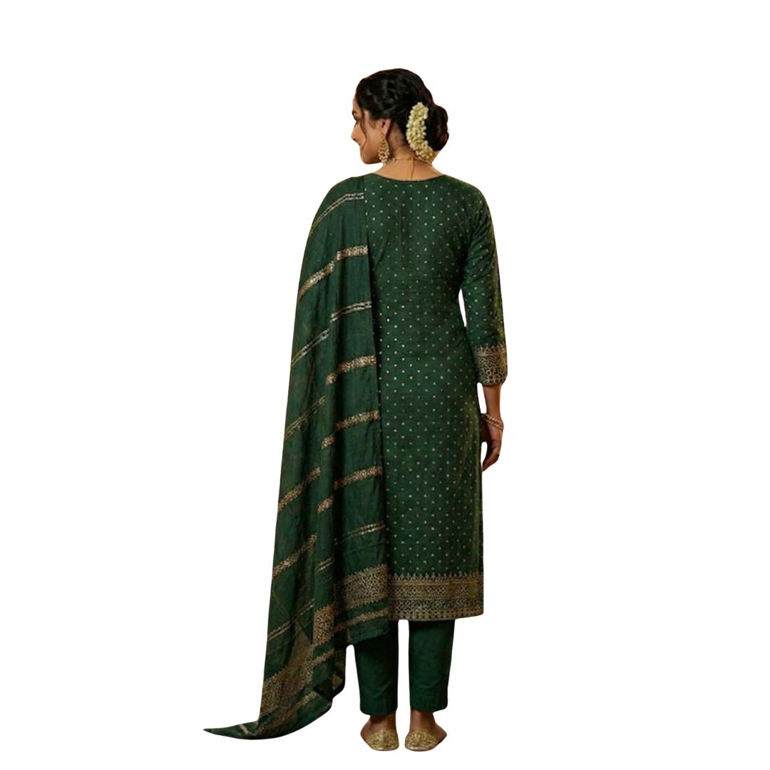 Regal Emerald Green Embroidered Kurta Set with Zari Dupatta