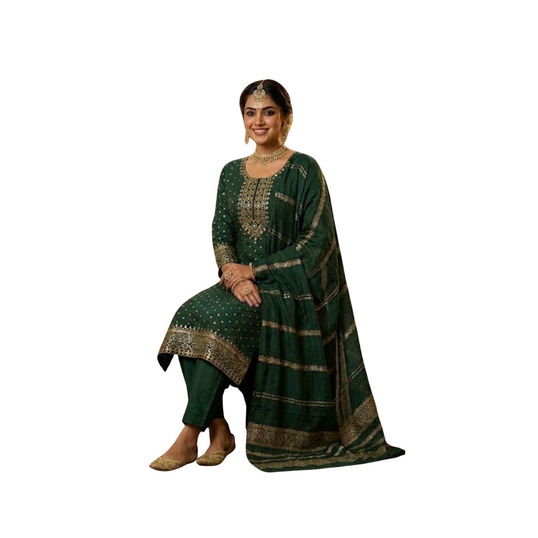 Regal Emerald Green Embroidered Kurta Set with Zari Dupatta
