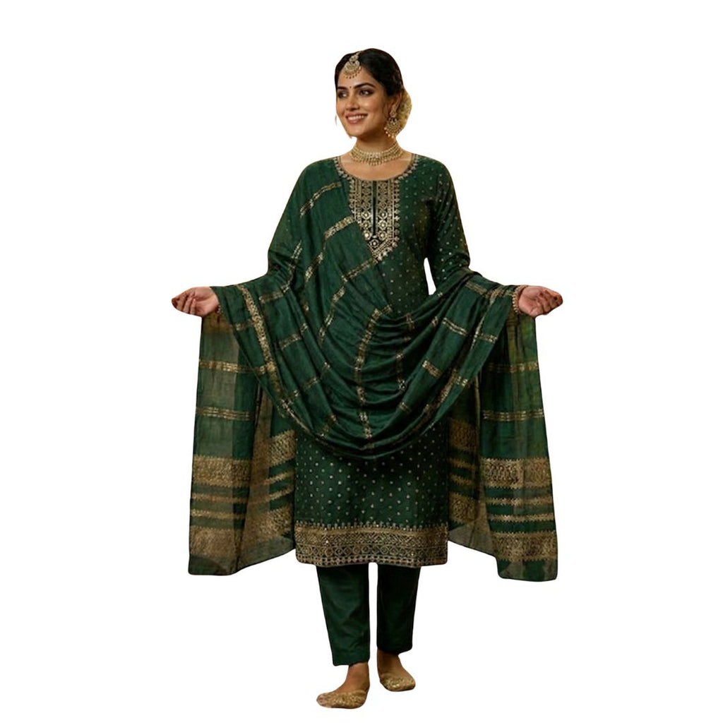 Regal Emerald Green Embroidered Kurta Set with Zari Dupatta