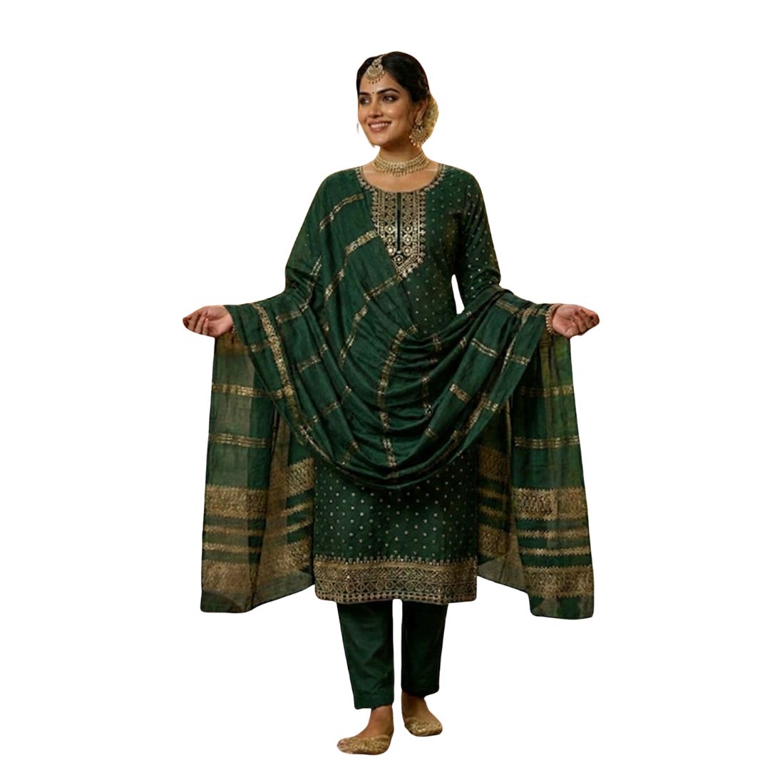 Regal Emerald Green Embroidered Kurta Set with Zari Dupatta