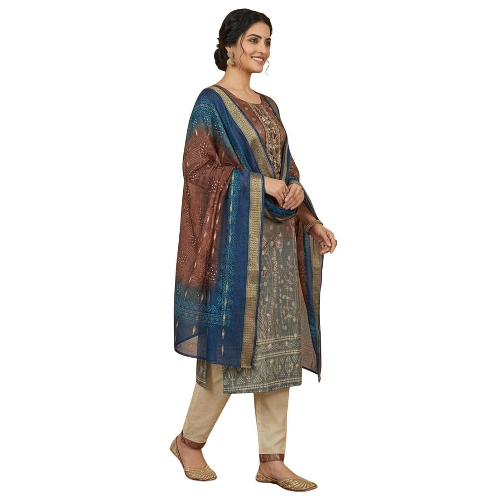 Elegant Rust & Blue Ombre Art Silk Suit Set