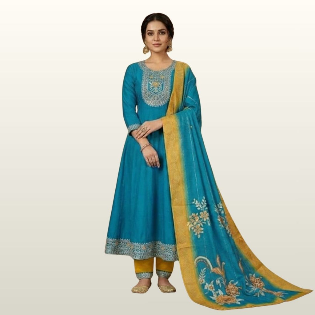 Elegant Teal Blue & Mustard Yellow Embroidered Anarkali Suit Set