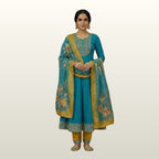 Elegant Teal Blue & Mustard Yellow Embroidered Anarkali Suit Set