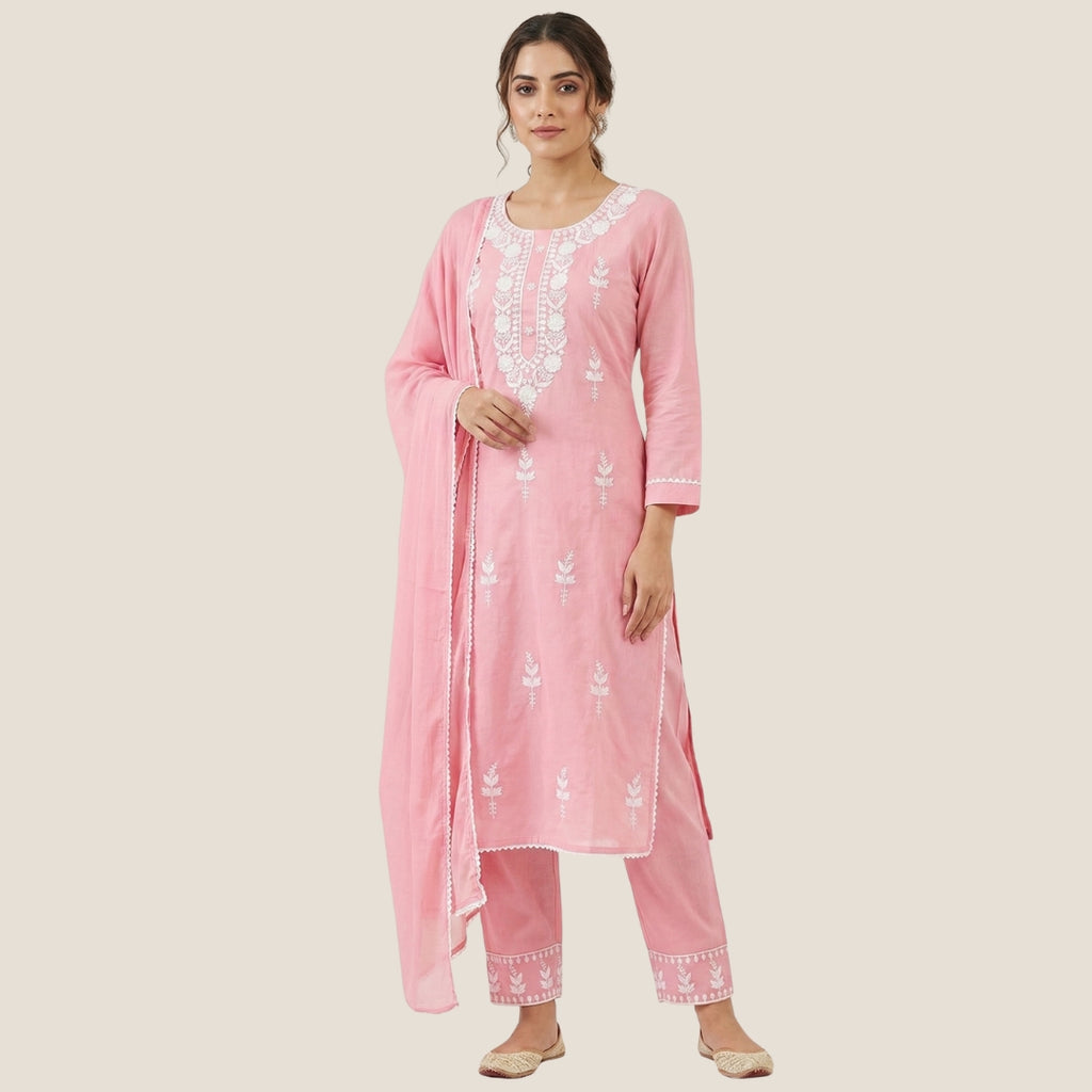 Baby Pink Lucknowi Chikankari 3-Piece Suit Set