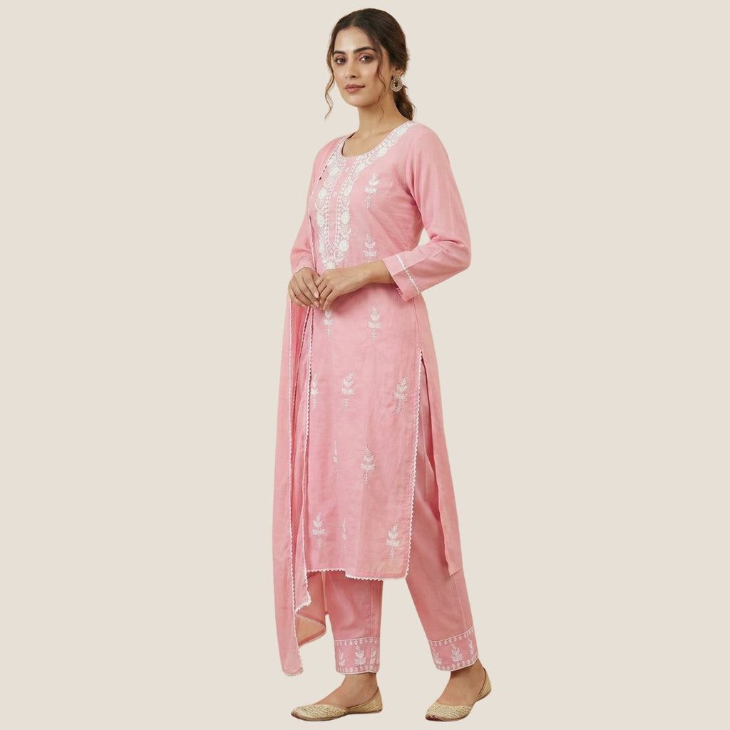Baby Pink Lucknowi Chikankari 3-Piece Suit Set