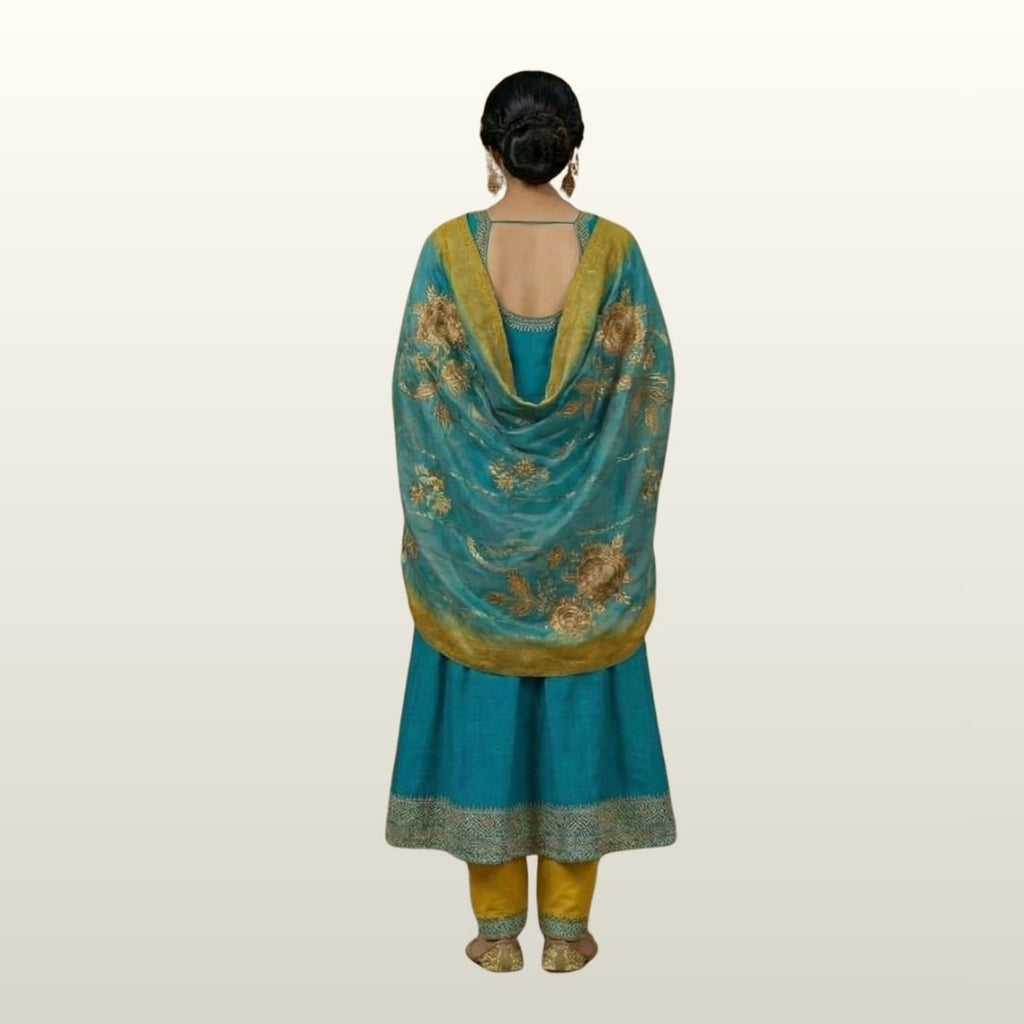 Elegant Teal Blue & Mustard Yellow Embroidered Anarkali Suit Set